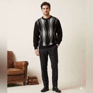 Montecatini Italian Men’s Vintage Chunky Crewneck Black Wool Blend Sweater Sz M